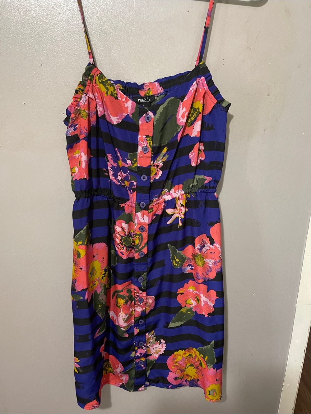 Rue21 Blue & Pink Floral Stripe Button Dress